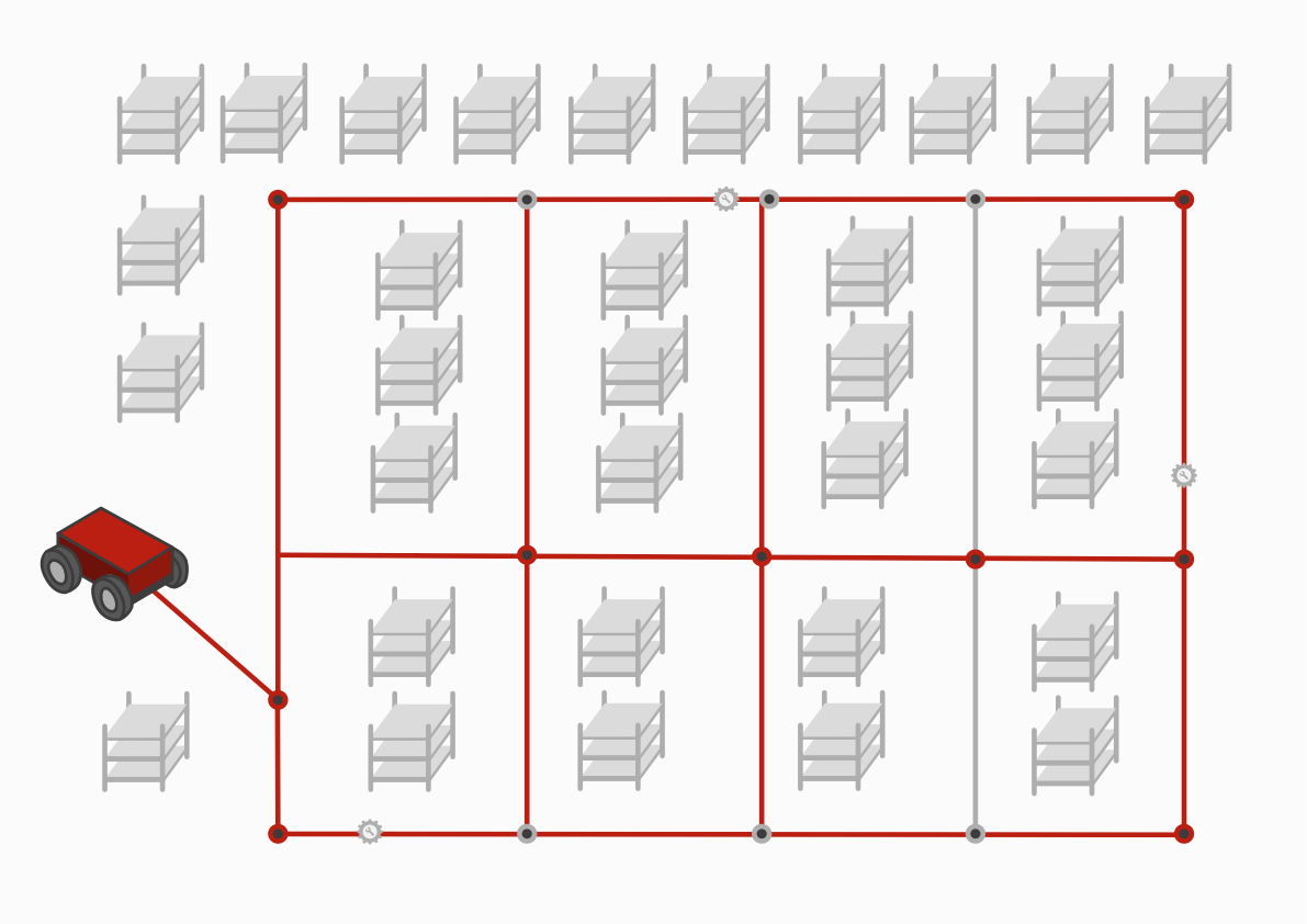 A mobile robot navigates through a warehouse grid between shelves, following a marked path