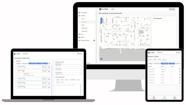 HetBot software interface displayed on a computer, tablet, and smartphone - used for managing tasks and factory mapping.