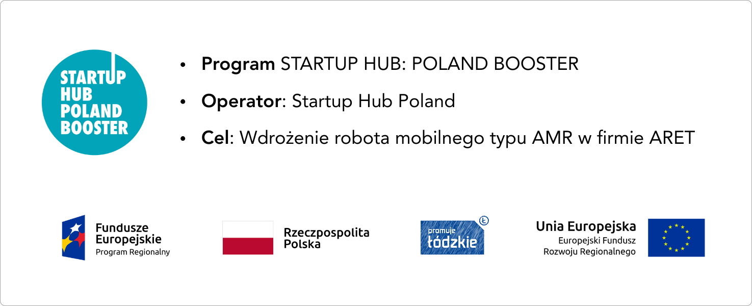 Projekt wdrożenia robota mobilnego typu AMR w firmie ARET, realizowany w ramach programu STARTUP HUB: POLAND BOOSTER. Operatorem projektu jest Startup Hub Poland. Projekt współfinansowany przez Unię Europejską.
