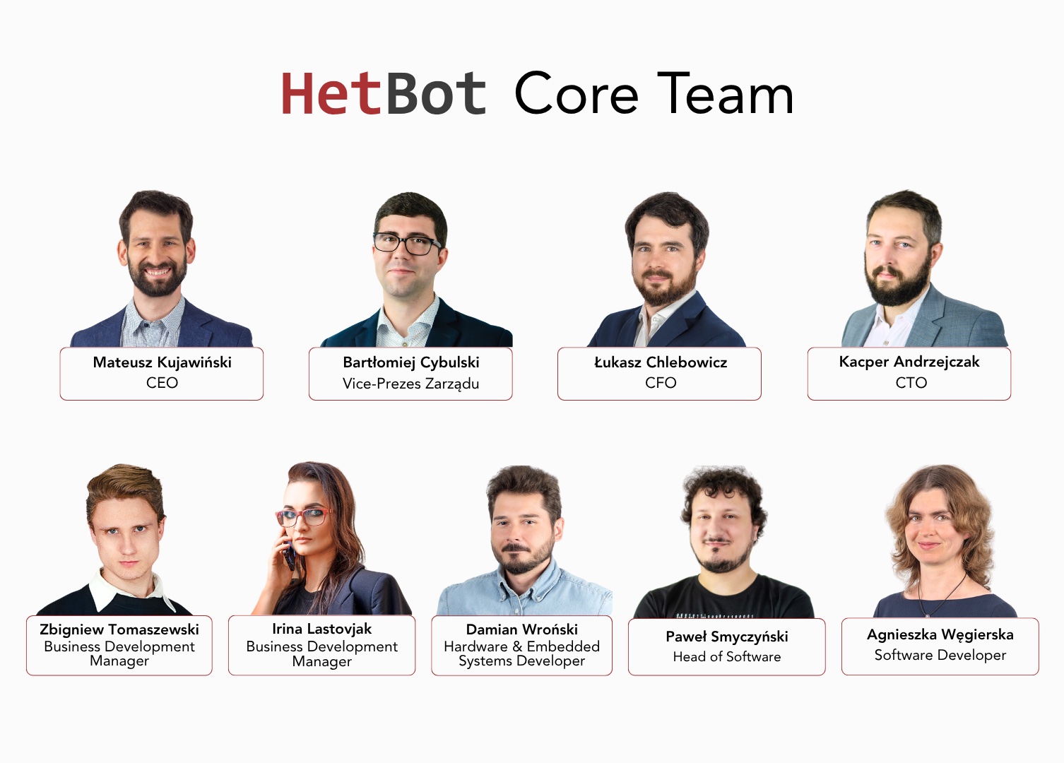 The Hetbot team posing outdoors with two mobile robots in front of a building